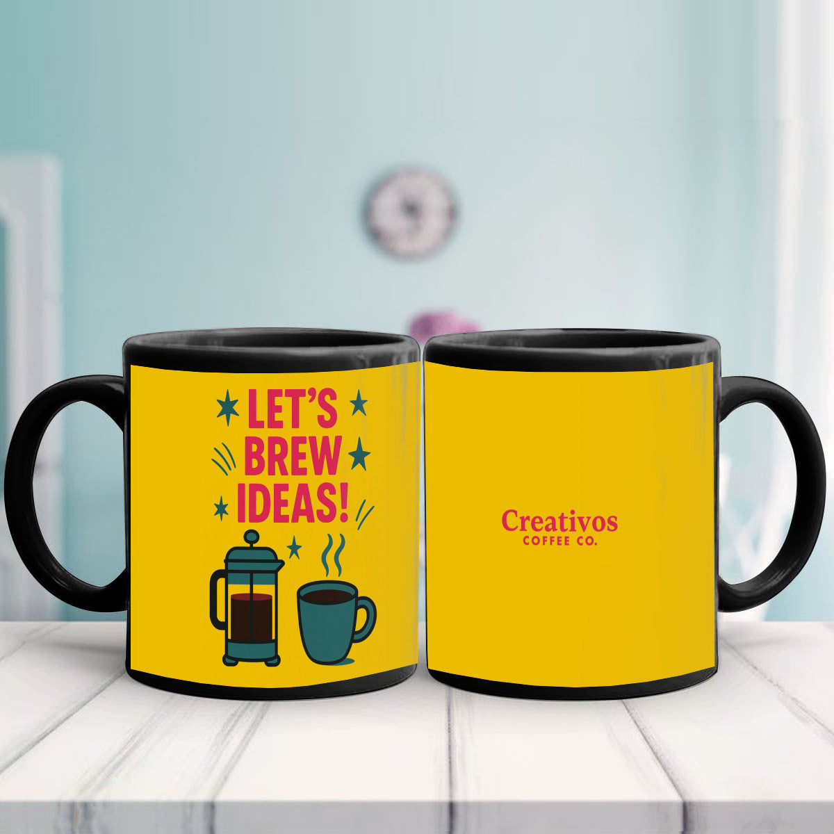 Let’s Brew Ideas! Mug | Creative Coffee Cup 11oz | Black Ceramic with Yellow Wrap Design