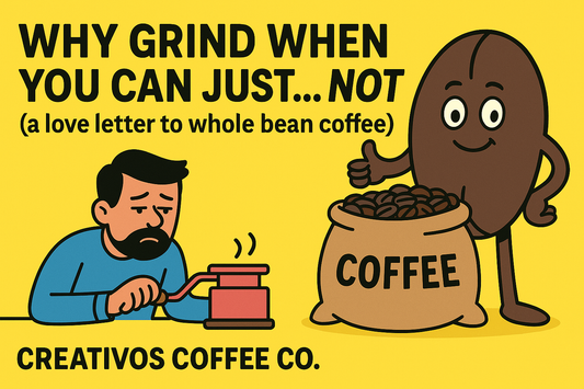 Cartoon-style digital illustration of a tired man grinding coffee beside a happy coffee bean character. Yellow background, playful vibe. Creativos Coffee Co. branding.