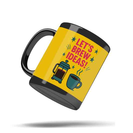 Let’s Brew Ideas! Mug | Creative Coffee Cup 11oz | Black Ceramic with Yellow Wrap Design