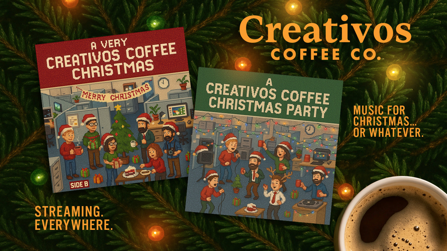 Two Christmas-themed coffee sleeves from Creativos Coffee Co. with a cup of coffee on a green background.